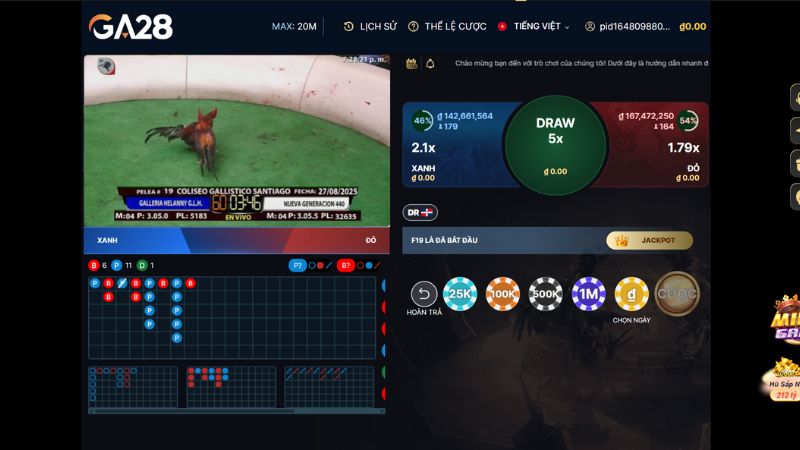 Các cửa cược hiển thị tại sảnh đá gà GA28